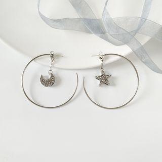 Non-matching Rhinestone Moon & Star Open Hoop Earring 1 Pair - Silver Earring - One Size