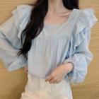 Long-sleeve Frill Trim Square-neck Blouse Light Blue - One Size