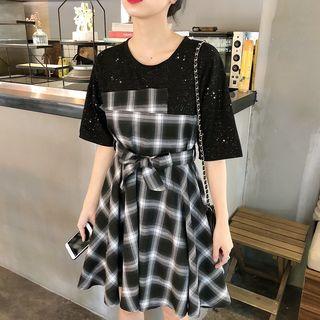 Mock Two-piece Short-sleeve Plaid A-line Dress Black - One Size