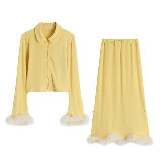 Fluffy-cuff Polo Shirt / Midi A-line Skirt