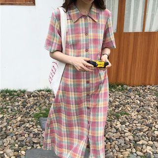 Plaid Short-sleeve Midi Shirt Dress / A-line Dress