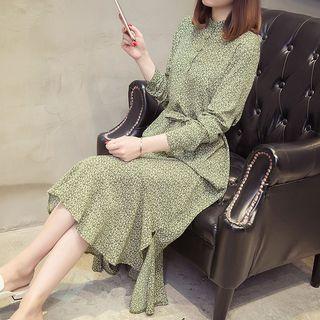Floral Tie-waist Long-sleeve Midi Dress