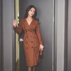 Notched-lapel Double-breasted Plaid Coatdress