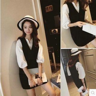 Set: Puff-sleeve Blouse + V-neck Mini Pinafore Dress