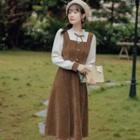 Mock Two-piece Long-sleeve Corduroy Panel Midi A-line Dress