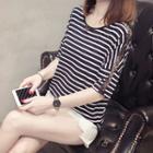 Lace Panel Elbow-sleeve Striped T-shirt