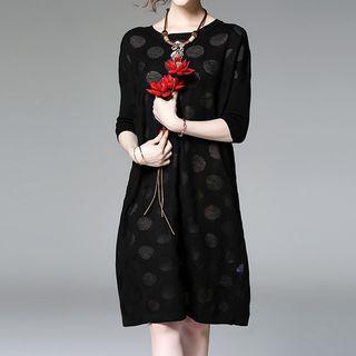 Polka Dot Elbow-sleeve Midi Knit Dress