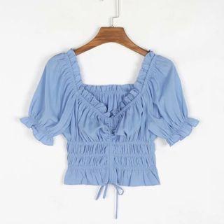Puff-sleeve Ruffled Drawstring Crop Top