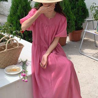 Puff-sleeve Tie-waist Midi Smock Dress