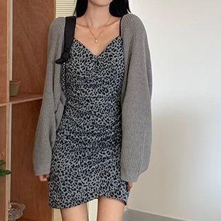 Shrug Cardigan / Leopard Spaghetti Strap Mini Dress