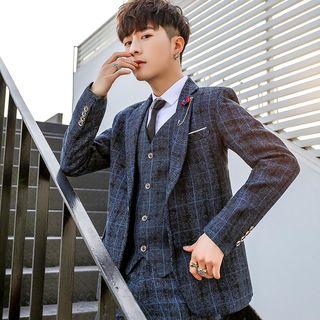Plaid Blazer / Buttoned Vest / Shirt / Dress Pants / Set