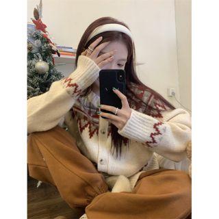 Long-sleeve Printed Knit Cardigan Almond - One Size