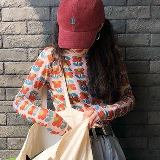 Long-sleeve Flower Print T-shirt As Shown In Figure - One Size