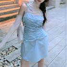 Long-sleeve Cold-shoulder Mesh Top / Spaghetti Strap Mini Sheath Dress