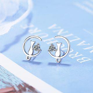 Rhinestone Moon & Cat Earring Silver - One Size