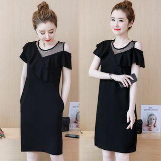 Mesh Panel Short-sleeve Ruffle Dress