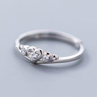 925 Sterling Silver Rhinestone Heart Open Ring S925 Silver - Silver - One Size