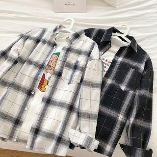 Color-block Plaid Single-pocket Long-sleeve Shirt