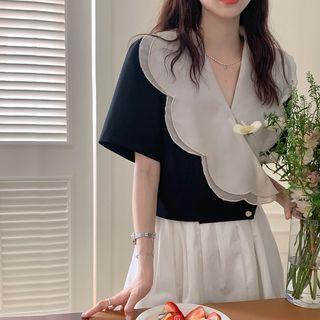 Short-sleeve V-neck Two-tone Blouse Black - One Size