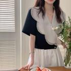 Short-sleeve V-neck Two-tone Blouse Black - One Size