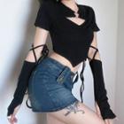 Set: Short-sleeve Heart Ring Crop Top + Arm Sleeves