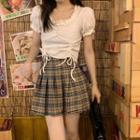 Puff-sleeve Frill Trim Drawstring Crop Top / Plaid Mini A-line Skirt