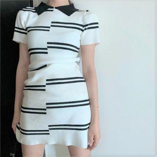 Striped Collared Short-sleeve Mini A-line Knit Dress As Shown In Figure - One Size