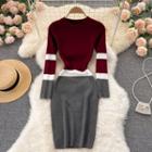 Round-neck Color Panel Knit Long-sleeve Dress
