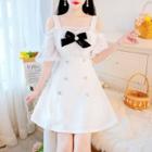 Puff Sleeve Off-shoulder Bow-accent A-line Dress