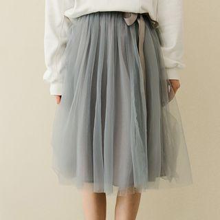 Bow-tied Mesh Midi Skirt Gray - One Size