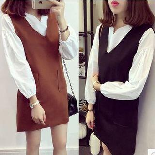 Two-piece Long-sleeved Chiffon V-neck Sheath Dress