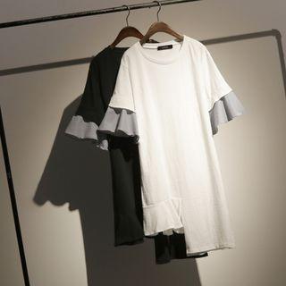 Striped Panel Flutter-sleeve T-shirt Dress