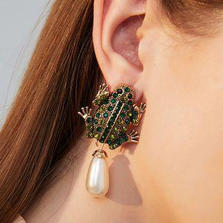 Rhinestone Frog Faux Pearl Drop Earring 1 Pair - As Shown In Figure - One Size