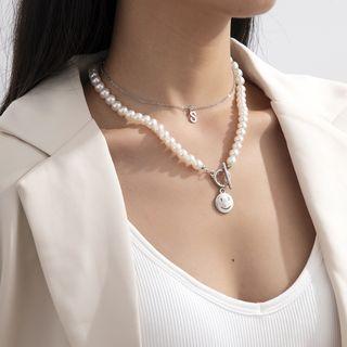 Set: Alloy / Smiley Pendant Faux Pearl Necklace Set Of 2- 1124 - Silver - One Size