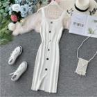 Buttoned Plain Sleeveless Knit Dress White - One Size