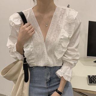 Long-sleeve V-neck Plain Ruffle Trim Blouse