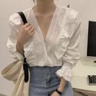 Long-sleeve V-neck Plain Ruffle Trim Blouse