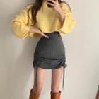 Long-sleeve Plain Cropped Knit Sweater / Drawstring Mini Skirt