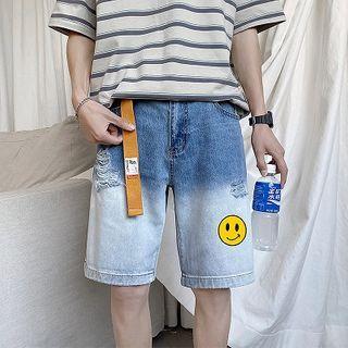 Distressed Embroidered Faded Denim Shorts