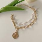 Embossed Disc Pendant Faux Pearl Layered Alloy Bracelet Gold - One Size