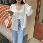 Long-sleeve Plain Lace Blouse White - One Size