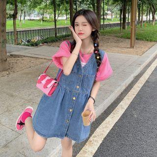 Sleeveless Denim Button-up Mini Dress / Short-sleeve Lettering T-shirt