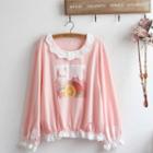 Long-sleeve Lace Trim Cartoon T-shirt Pink - One Size