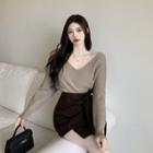 V-neck Sweater / Wrap A-line Skirt