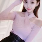 Long-sleeve Cold-shoulder Knit Top Pink - One Size