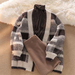 Long-sleeve Plaid Cardigan / Long-sleeve Turtleneck Top / High-waist Skirt