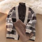 Long-sleeve Plaid Cardigan / Long-sleeve Turtleneck Top / High-waist Skirt