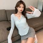 Long-sleeve Henley T-shirt / Drawstring Pencil Skirt