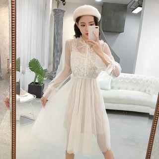Lace Panel Bell Sleeve Mesh A-line Dress