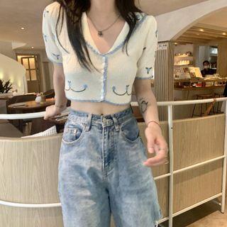 Puff-sleeve Collared Cropped Knit Top White - One Size